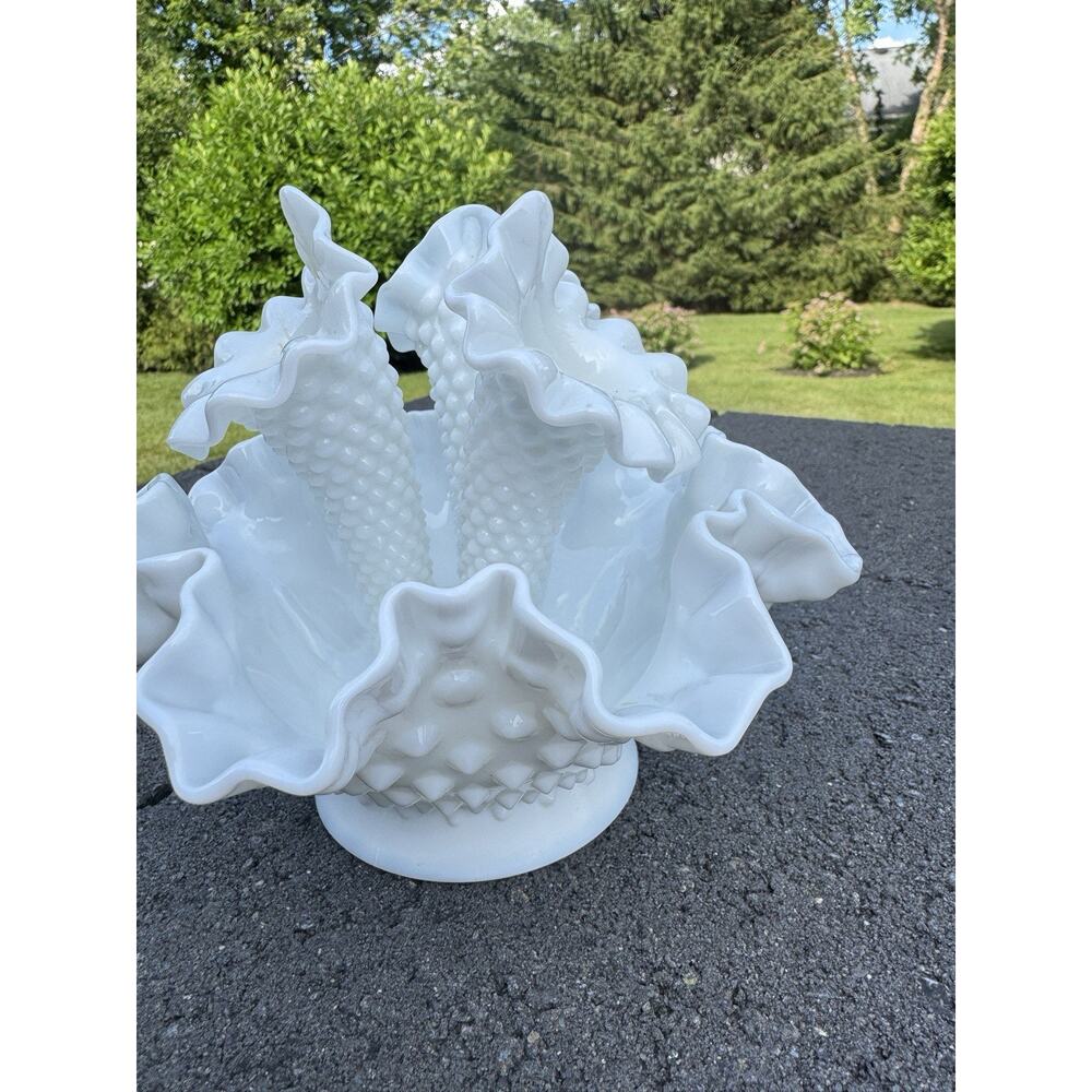 Vintage Fenton Hobnail Milk Glass Epergne Ruffled Bowl 3 Horned Vase - Picture 5 of 6